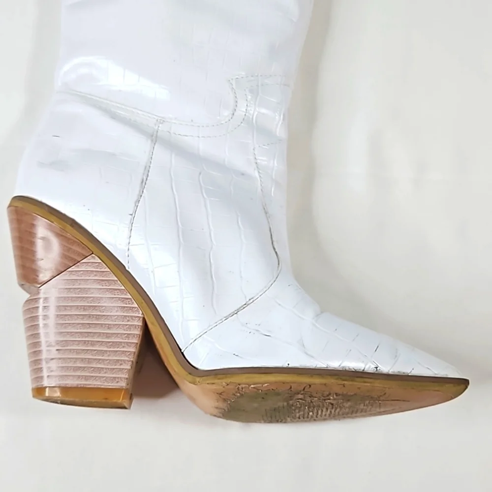 White Faux Leather Cowboy Boots with Block Heels Sz 37 - Picture 7 of 7
